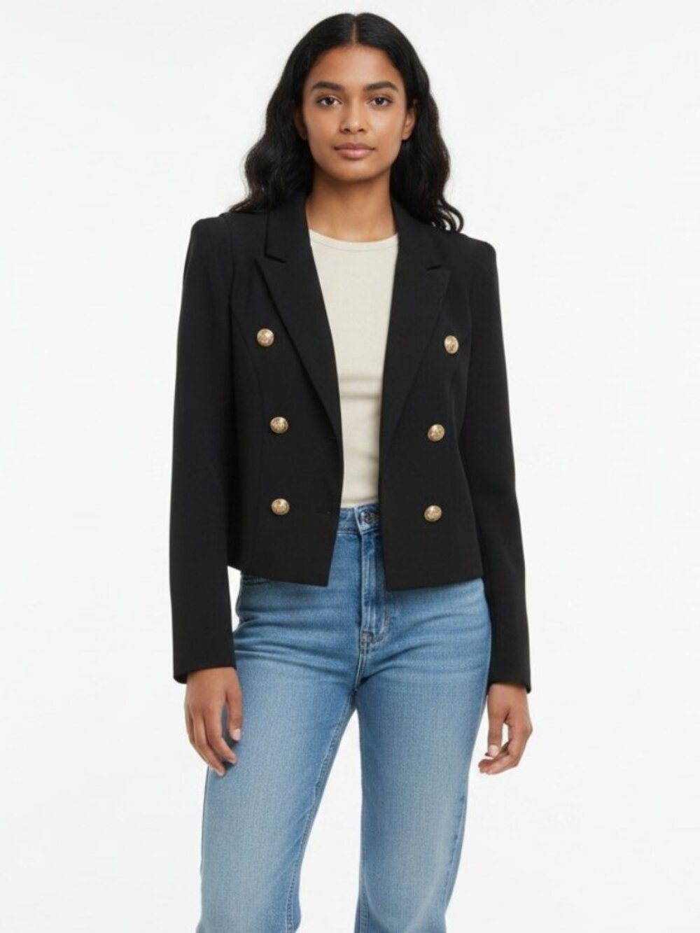 DO+BE Black Military Style Open Cropped Blazer sz L Embossed Gold Tone Buttons